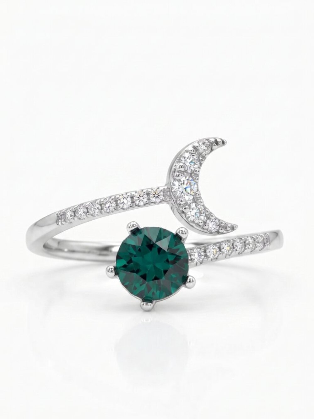 Emerald Green Moon Ring with Swarovski Crystals, Celestial Theme